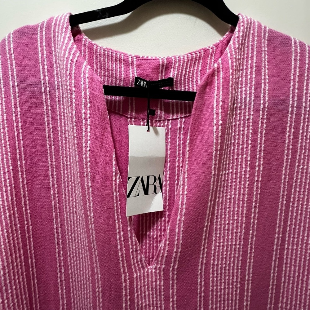 Zara Fringe Rustic Caftan Swim Cover Up pink & white stripes S/M NWT - Picture 11 of 14